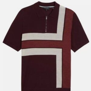 New Mens Ted Baker Short Sleeve Zippered Polo, Size 6. Colorblock Maroon